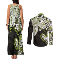 Monstera Plumeria Flowers Olive Green Couples Matching Tank Maxi Dress and Long Sleeve Button Shirt Polynesian Pattern LT01 - Polynesian Pride