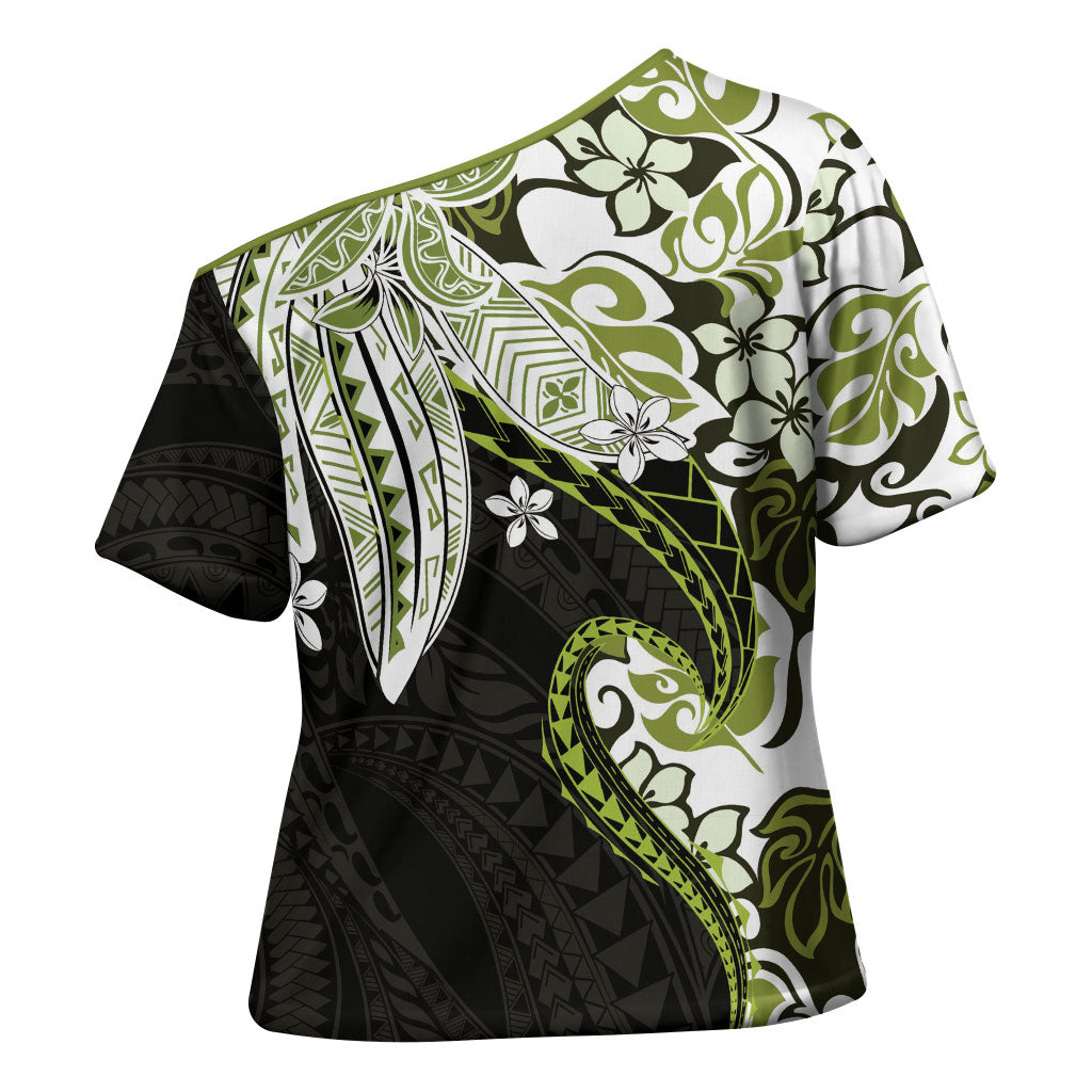 Monstera Plumeria Flowers Olive Green Cross Shoulder Shirt Polynesian Pattern LT01 - Polynesian Pride