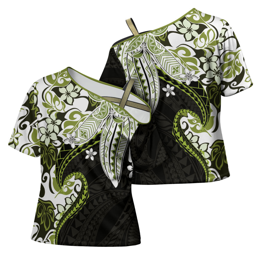 Monstera Plumeria Flowers Olive Green Cross Shoulder Shirt Polynesian Pattern LT01 - Polynesian Pride