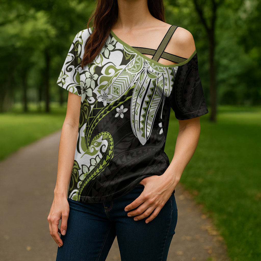 Monstera Plumeria Flowers Olive Green Cross Shoulder Shirt Polynesian Pattern LT01 - Polynesian Pride