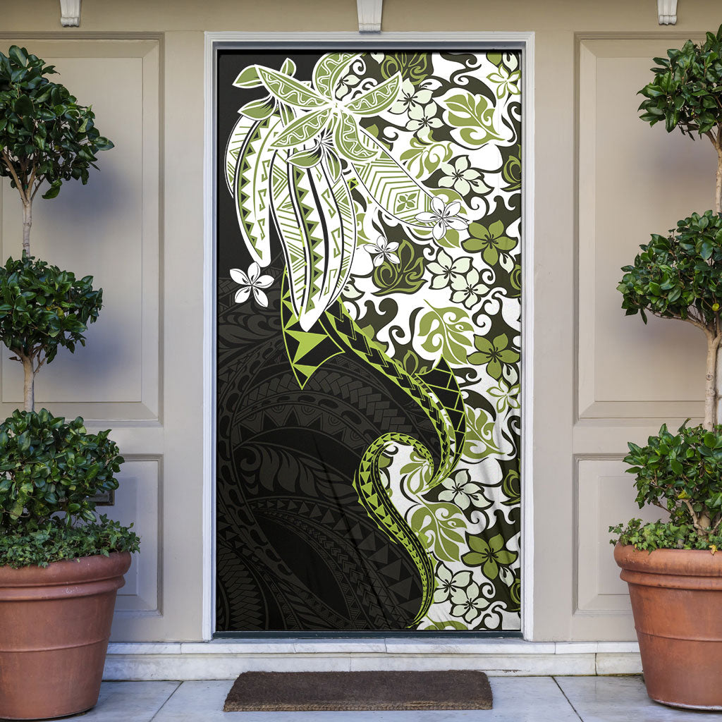 Monstera Plumeria Flowers Olive Green Door Cover Polynesian Pattern LT01 Green - Polynesian Pride