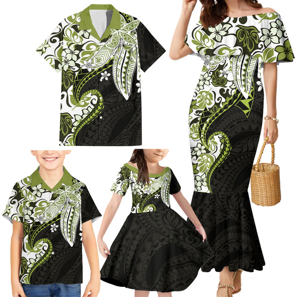 Monstera Plumeria Flowers Olive Green Family Matching Mermaid Dress and Hawaiian Shirt Polynesian Pattern LT01 - Polynesian Pride