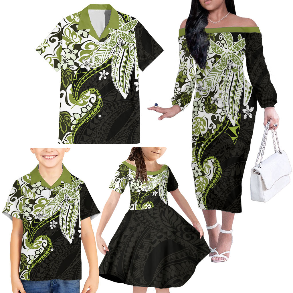 Monstera Plumeria Flowers Olive Green Family Matching Off The Shoulder Long Sleeve Dress and Hawaiian Shirt Polynesian Pattern LT01 - Polynesian Pride