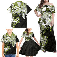 Monstera Plumeria Flowers Olive Green Family Matching Off Shoulder Maxi Dress and Hawaiian Shirt Polynesian Pattern