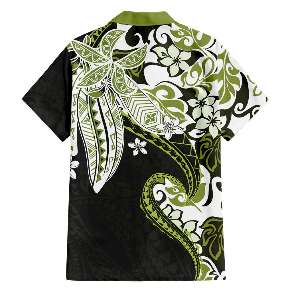 Monstera Plumeria Flowers Olive Green Family Matching Off Shoulder Maxi Dress and Hawaiian Shirt Polynesian Pattern