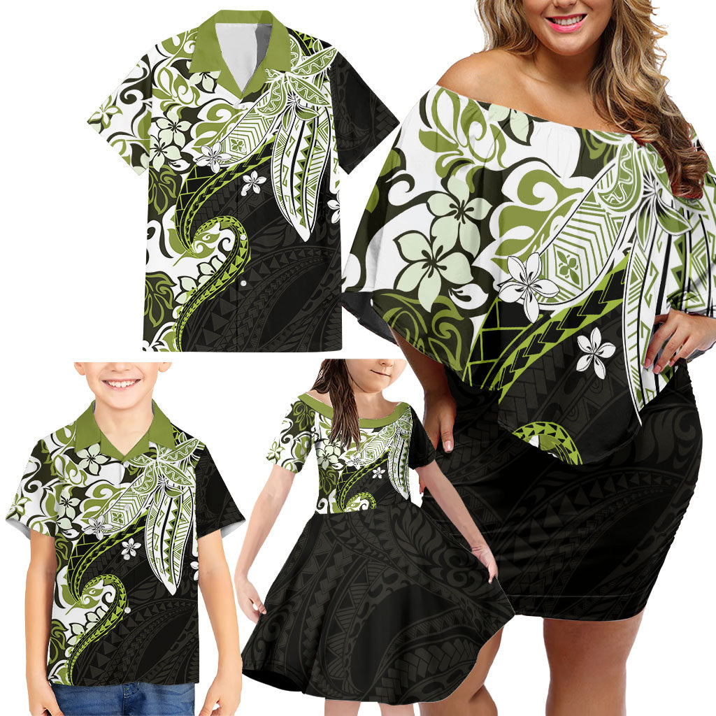 Monstera Plumeria Flowers Olive Green Family Matching Off Shoulder Short Dress and Hawaiian Shirt Polynesian Pattern LT01 - Polynesian Pride