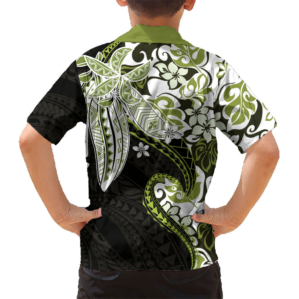 Monstera Plumeria Flowers Olive Green Family Matching Short Sleeve Bodycon Dress and Hawaiian Shirt Polynesian Pattern