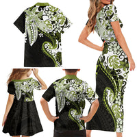 Monstera Plumeria Flowers Olive Green Family Matching Short Sleeve Bodycon Dress and Hawaiian Shirt Polynesian Pattern