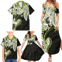 Monstera Plumeria Flowers Olive Green Family Matching Summer Maxi Dress and Hawaiian Shirt Polynesian Pattern