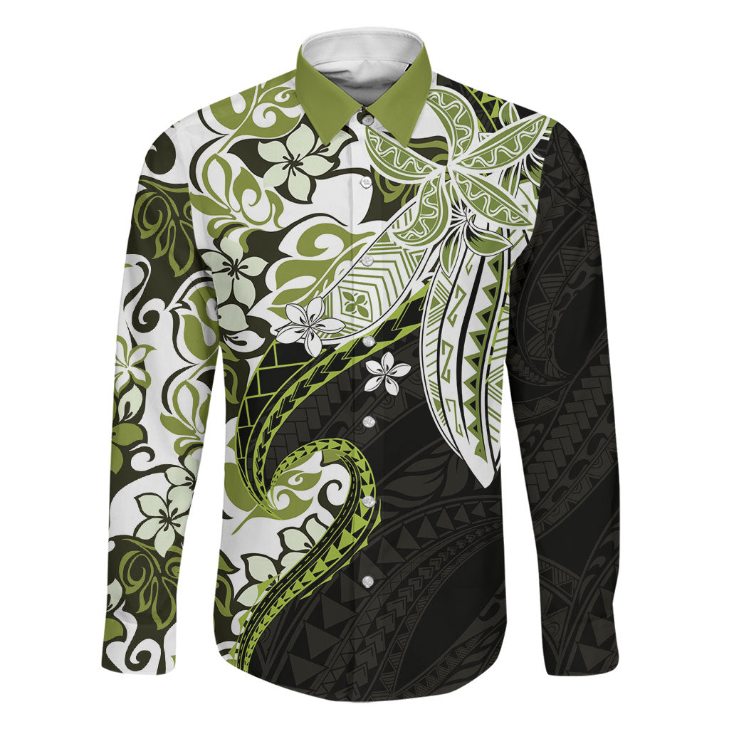 Monstera Plumeria Flowers Olive Green Family Matching Summer Maxi Dress and Hawaiian Shirt Polynesian Pattern