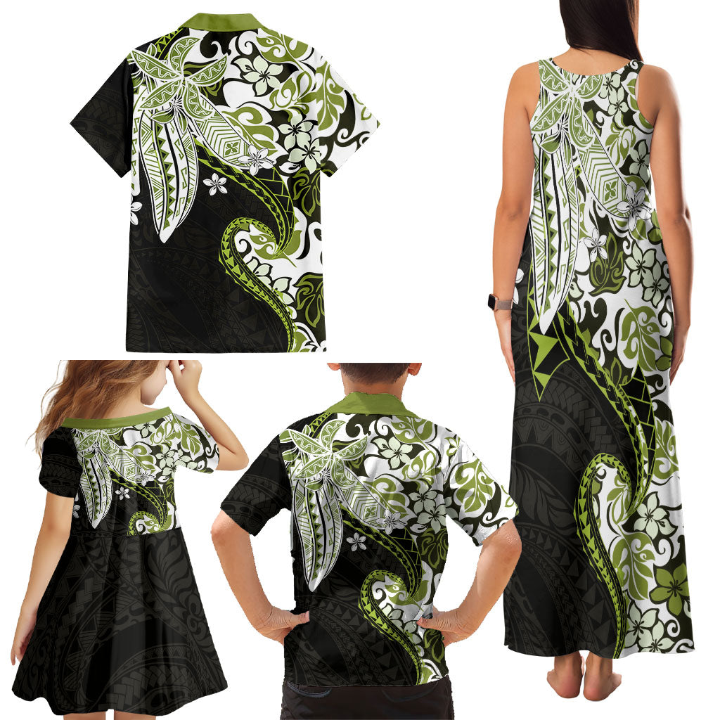 Monstera Plumeria Flowers Olive Green Family Matching Tank Maxi Dress and Hawaiian Shirt Polynesian Pattern