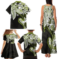Monstera Plumeria Flowers Olive Green Family Matching Tank Maxi Dress and Hawaiian Shirt Polynesian Pattern