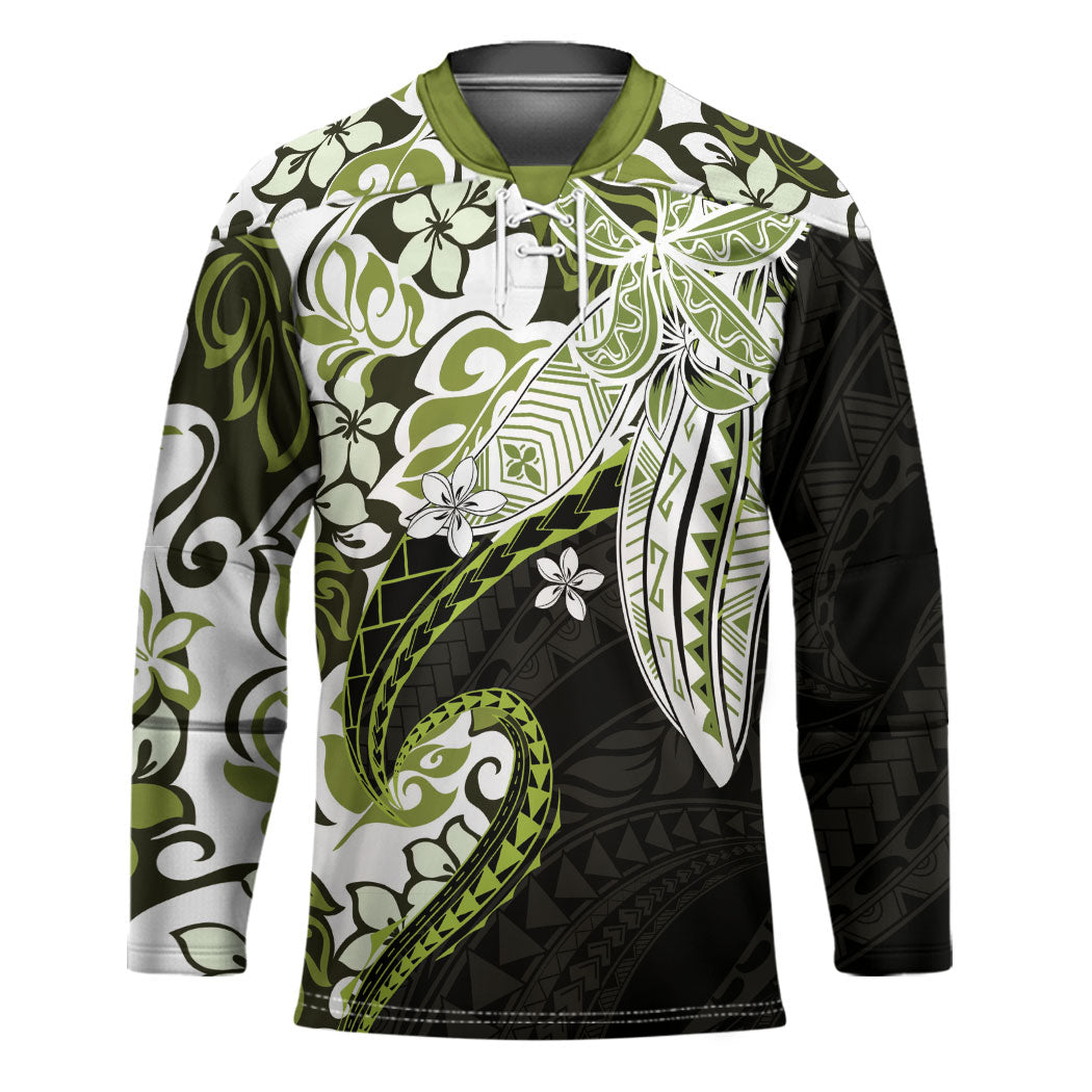 Monstera Plumeria Flowers Olive Green Hockey Jersey Polynesian Pattern LT01 Unisex Green - Polynesian Pride