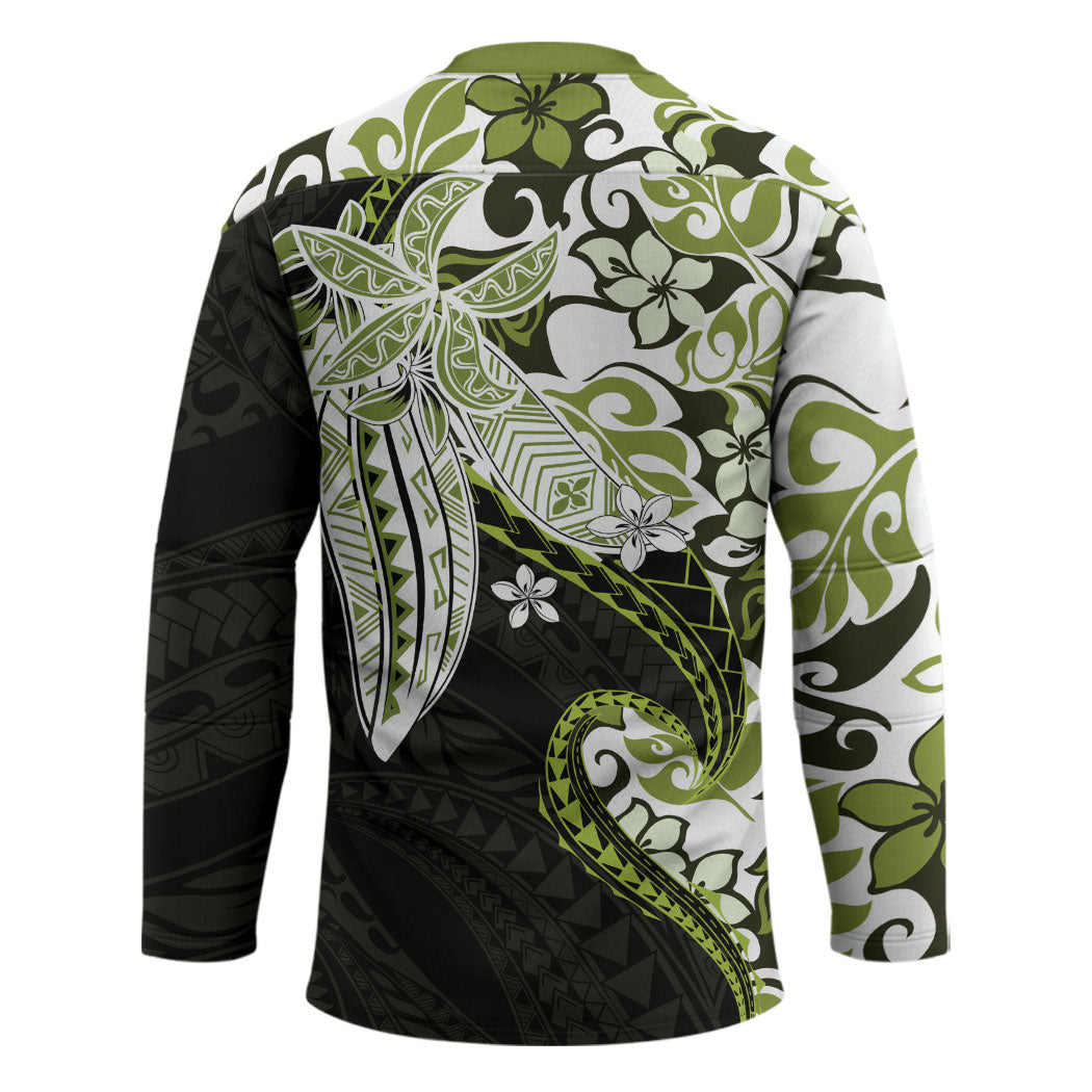 Monstera Plumeria Flowers Olive Green Hockey Jersey Polynesian Pattern LT01 - Polynesian Pride