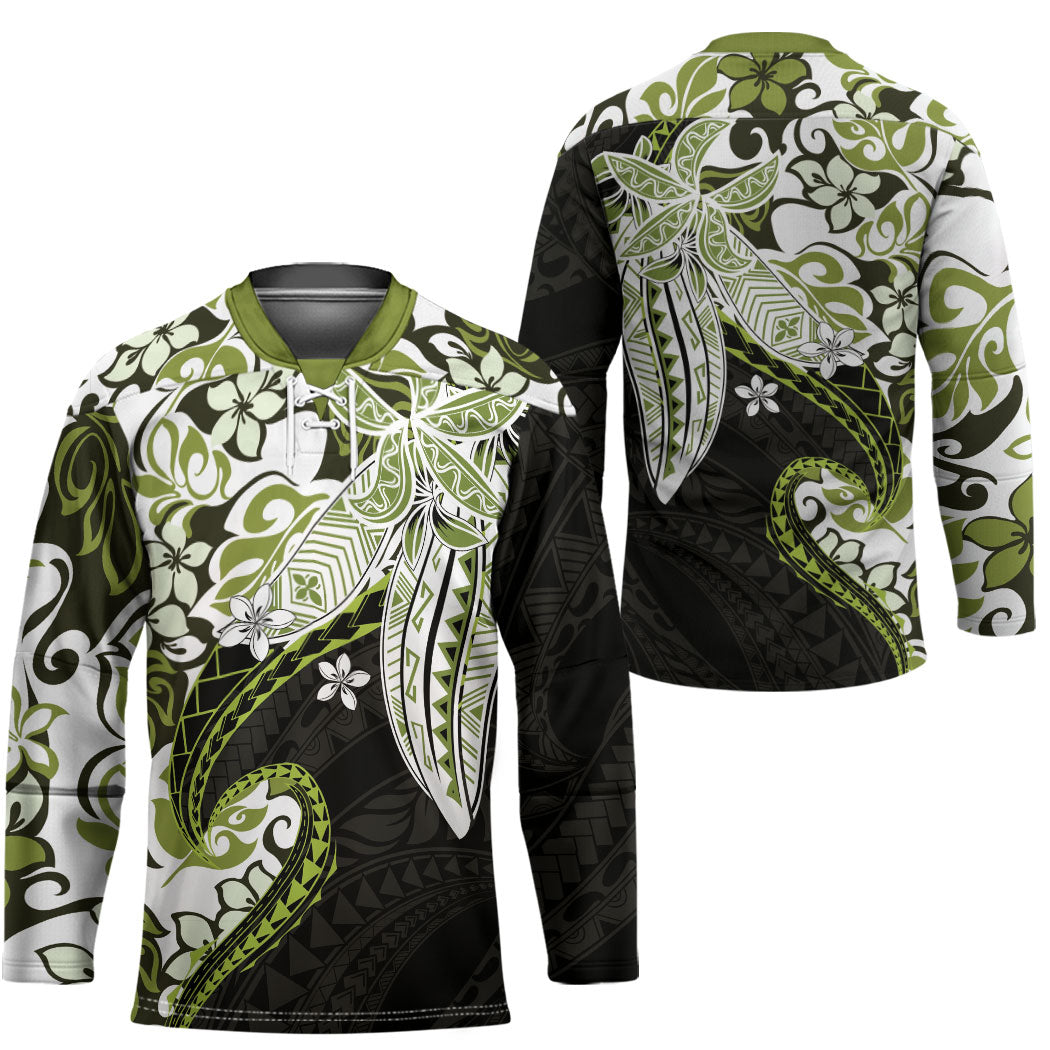 Monstera Plumeria Flowers Olive Green Hockey Jersey Polynesian Pattern LT01 - Polynesian Pride