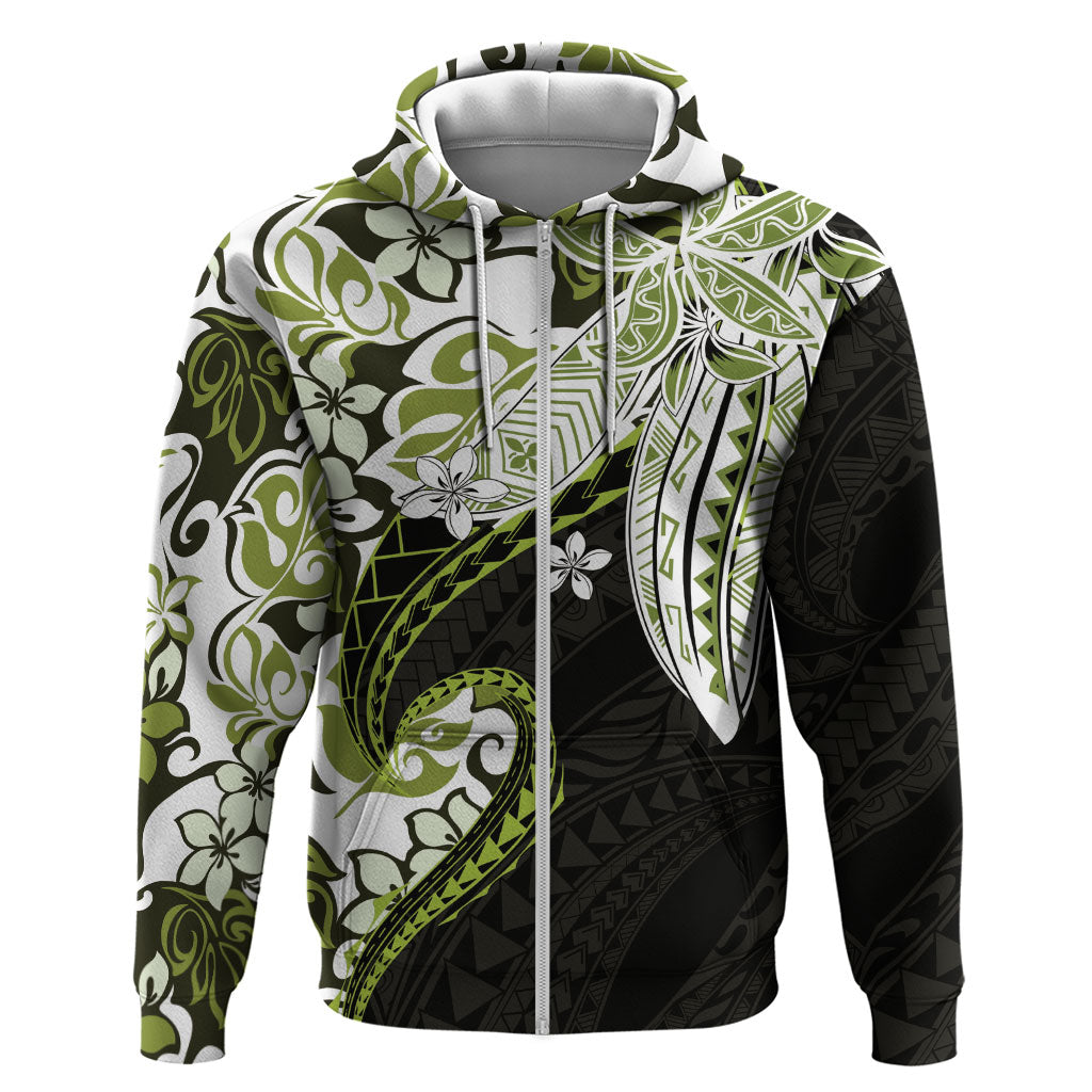 Monstera Plumeria Flowers Olive Green Hoodie Polynesian Pattern