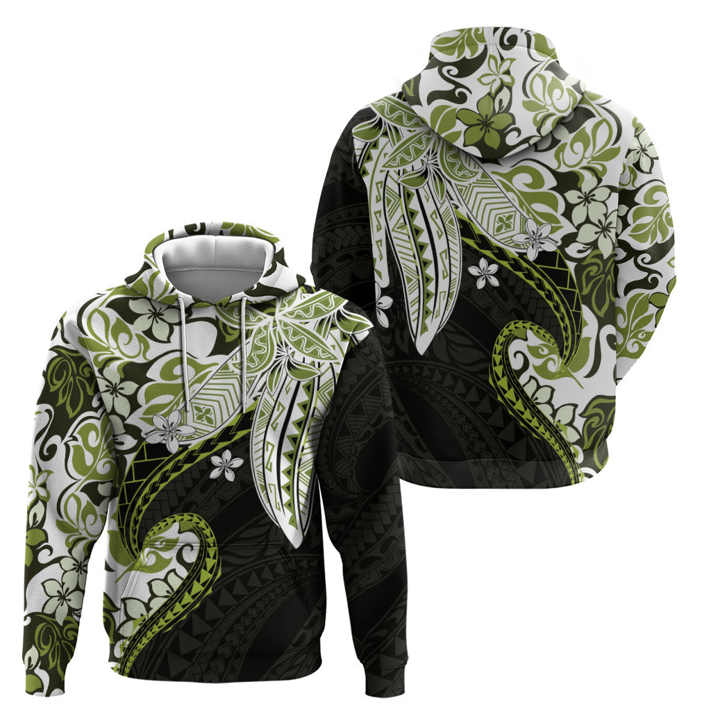 Monstera Plumeria Flowers Olive Green Hoodie Polynesian Pattern