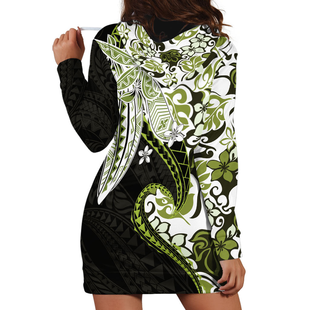 Monstera Plumeria Flowers Olive Green Hoodie Dress Polynesian Pattern LT01 - Polynesian Pride