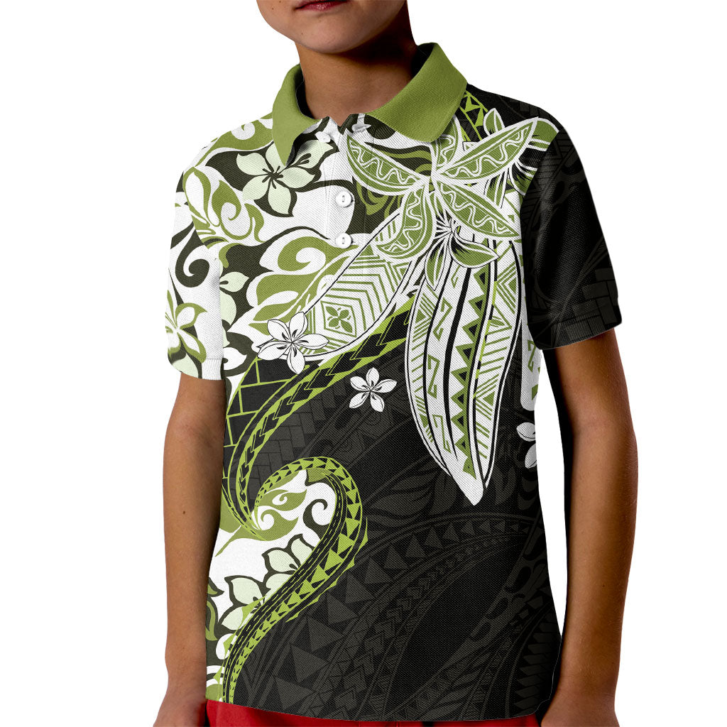 Monstera Plumeria Flowers Olive Green Kid Polo Shirt Polynesian Pattern