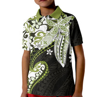 Monstera Plumeria Flowers Olive Green Kid Polo Shirt Polynesian Pattern