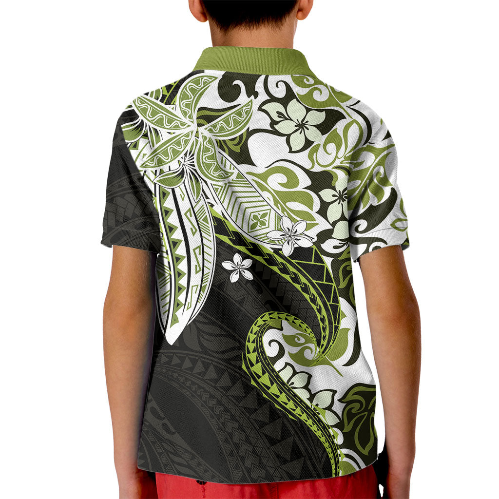Monstera Plumeria Flowers Olive Green Kid Polo Shirt Polynesian Pattern