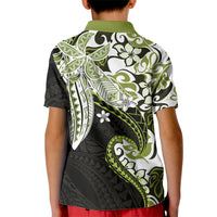 Monstera Plumeria Flowers Olive Green Kid Polo Shirt Polynesian Pattern