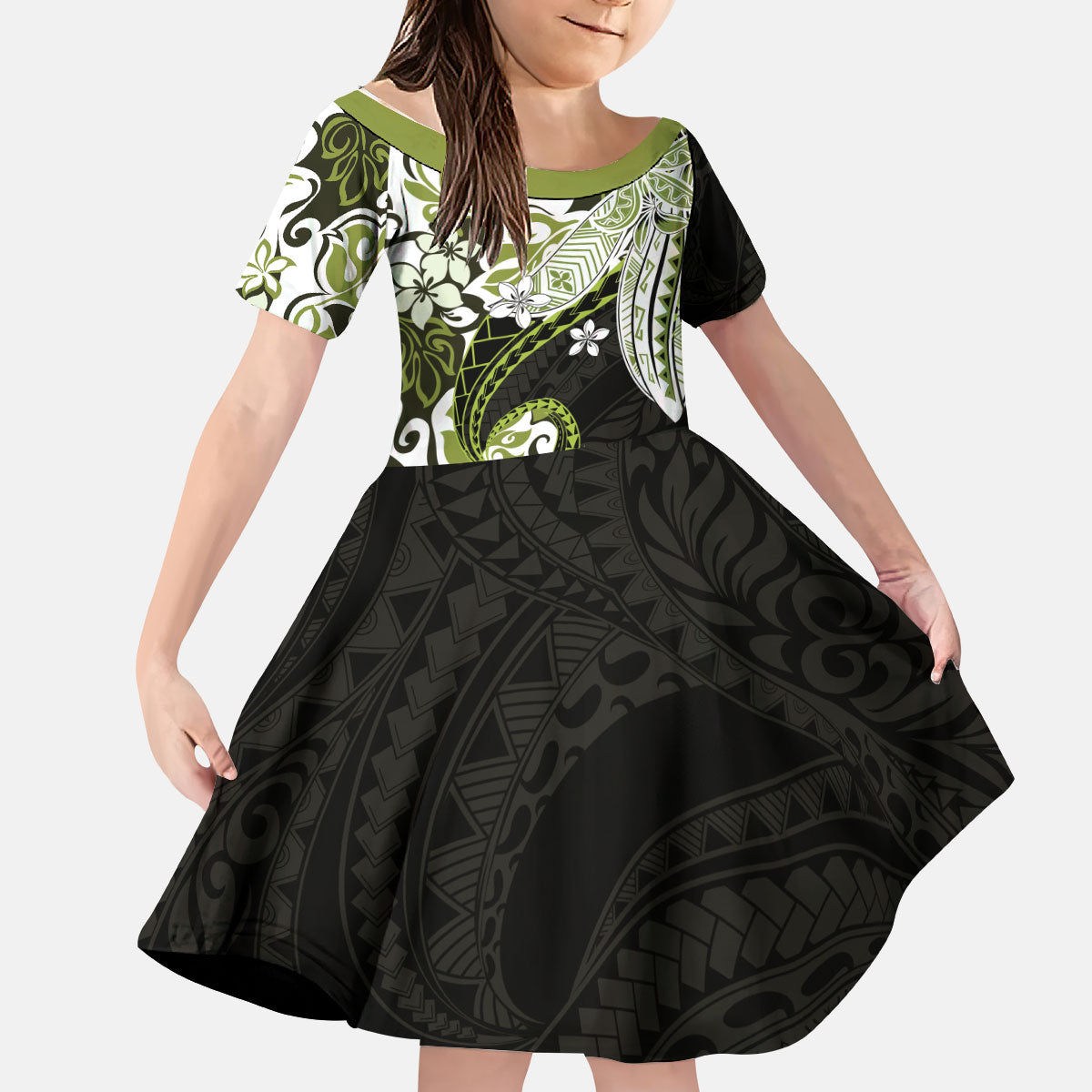 Monstera Plumeria Flowers Olive Green Kid Short Sleeve Dress Polynesian Pattern LT01 KID Green - Polynesian Pride