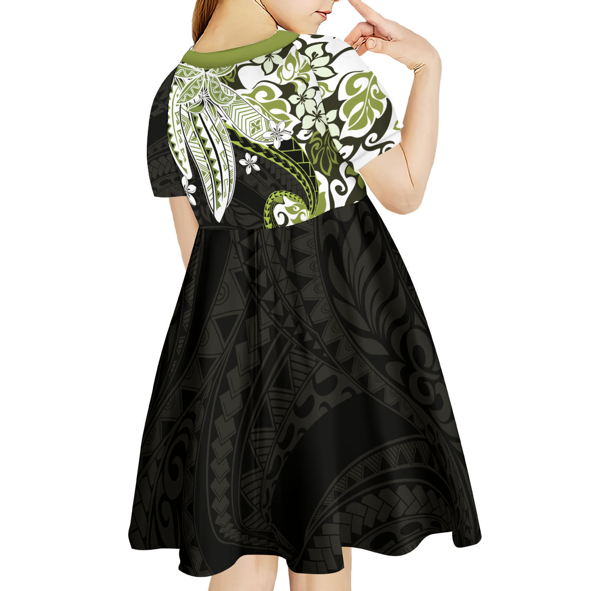 Monstera Plumeria Flowers Olive Green Kid Short Sleeve Dress Polynesian Pattern LT01 - Polynesian Pride