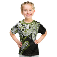 Monstera Plumeria Flowers Olive Green Kid T Shirt Polynesian Pattern