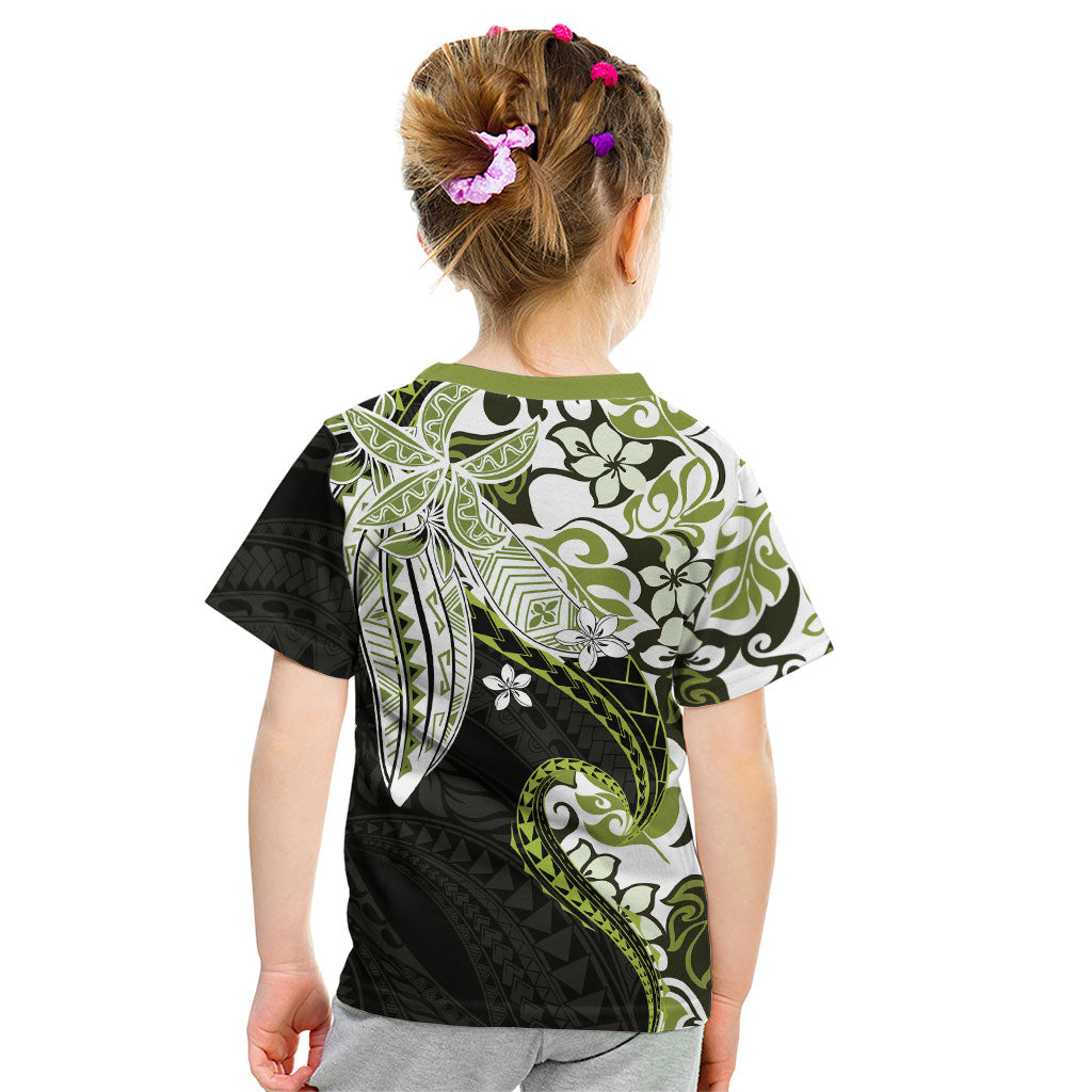 Monstera Plumeria Flowers Olive Green Kid T Shirt Polynesian Pattern
