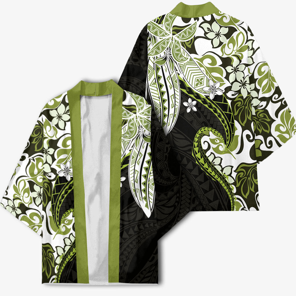 Monstera Plumeria Flowers Olive Green Kimono Polynesian Pattern LT01 - Polynesian Pride