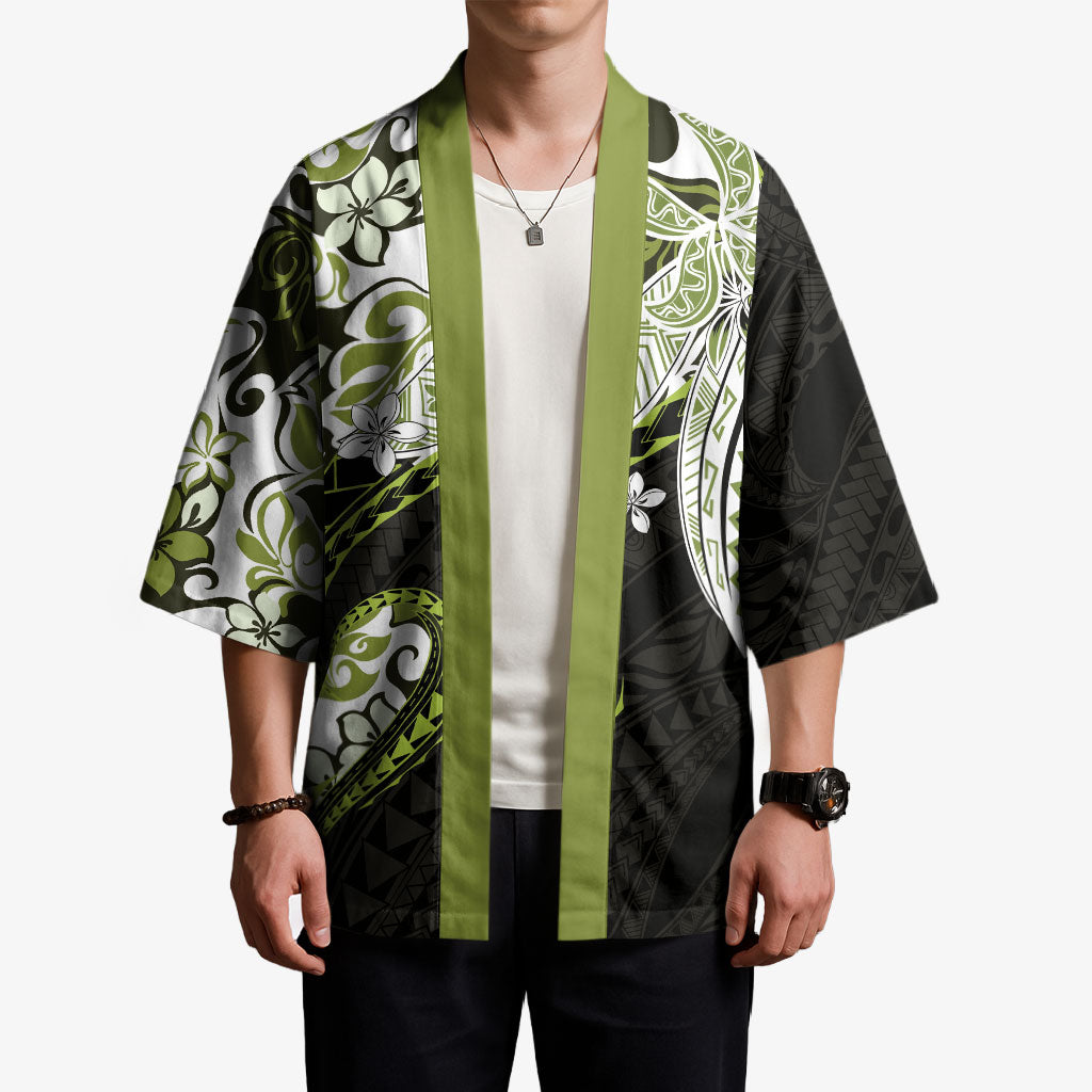 Monstera Plumeria Flowers Olive Green Kimono Polynesian Pattern LT01 - Polynesian Pride