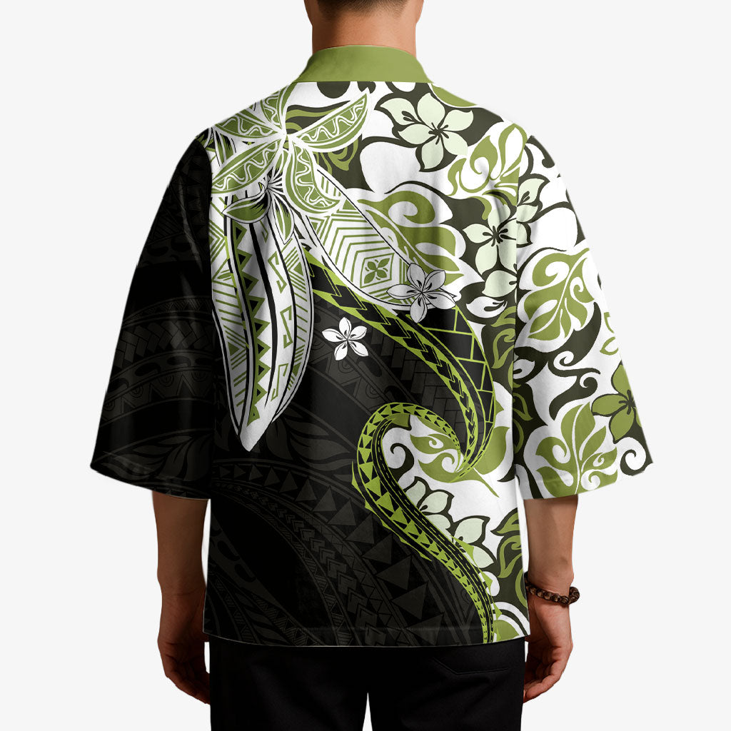 Monstera Plumeria Flowers Olive Green Kimono Polynesian Pattern LT01 - Polynesian Pride