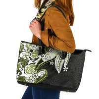 Monstera Plumeria Flowers Olive Green Leather Tote Bag Polynesian Pattern LT01 Green - Polynesian Pride