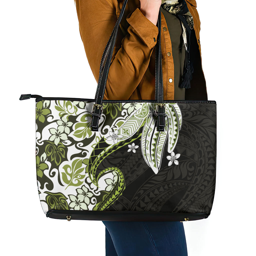 Monstera Plumeria Flowers Olive Green Leather Tote Bag Polynesian Pattern LT01 - Polynesian Pride