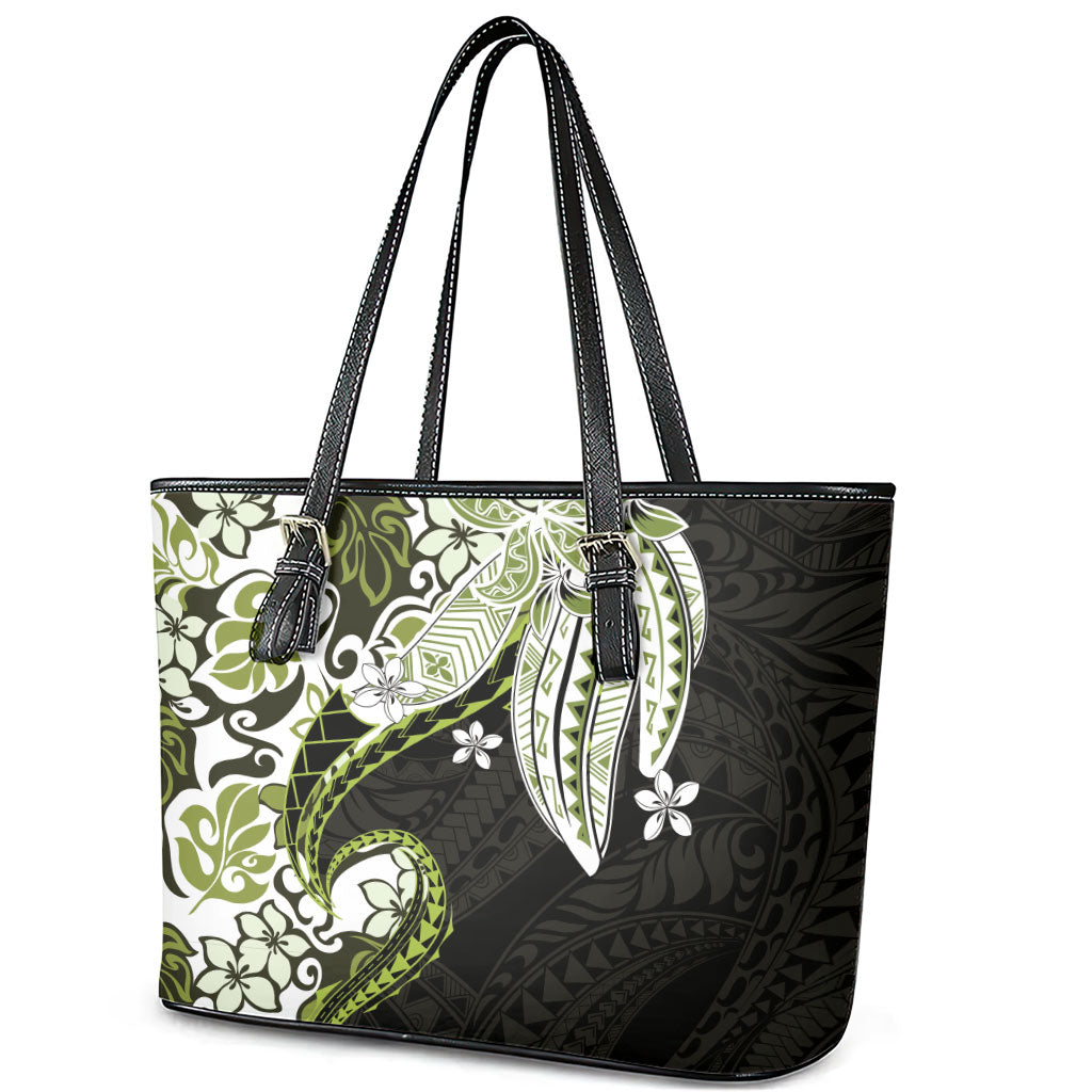 Monstera Plumeria Flowers Olive Green Leather Tote Bag Polynesian Pattern LT01 - Polynesian Pride