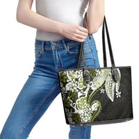 Monstera Plumeria Flowers Olive Green Leather Tote Bag Polynesian Pattern LT01 - Polynesian Pride