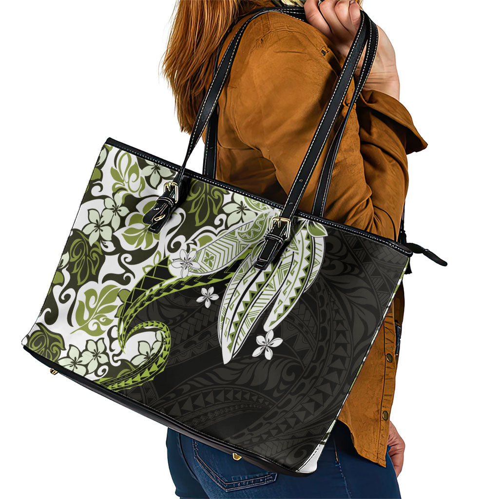 Monstera Plumeria Flowers Olive Green Leather Tote Bag Polynesian Pattern LT01 - Polynesian Pride
