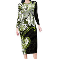 Monstera Plumeria Flowers Olive Green Long Sleeve Bodycon Dress Polynesian Pattern