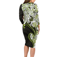 Monstera Plumeria Flowers Olive Green Long Sleeve Bodycon Dress Polynesian Pattern