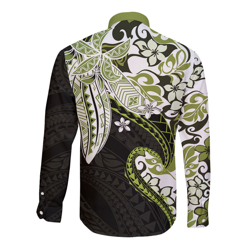 Monstera Plumeria Flowers Olive Green Long Sleeve Button Shirt Polynesian Pattern LT01 - Polynesian Pride