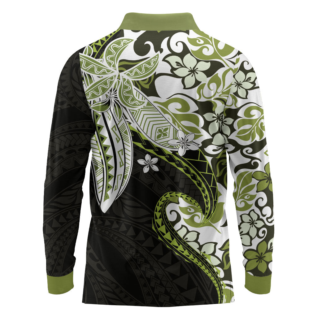 Monstera Plumeria Flowers Olive Green Long Sleeve Polo Shirt Polynesian Pattern LT01 - Polynesian Pride