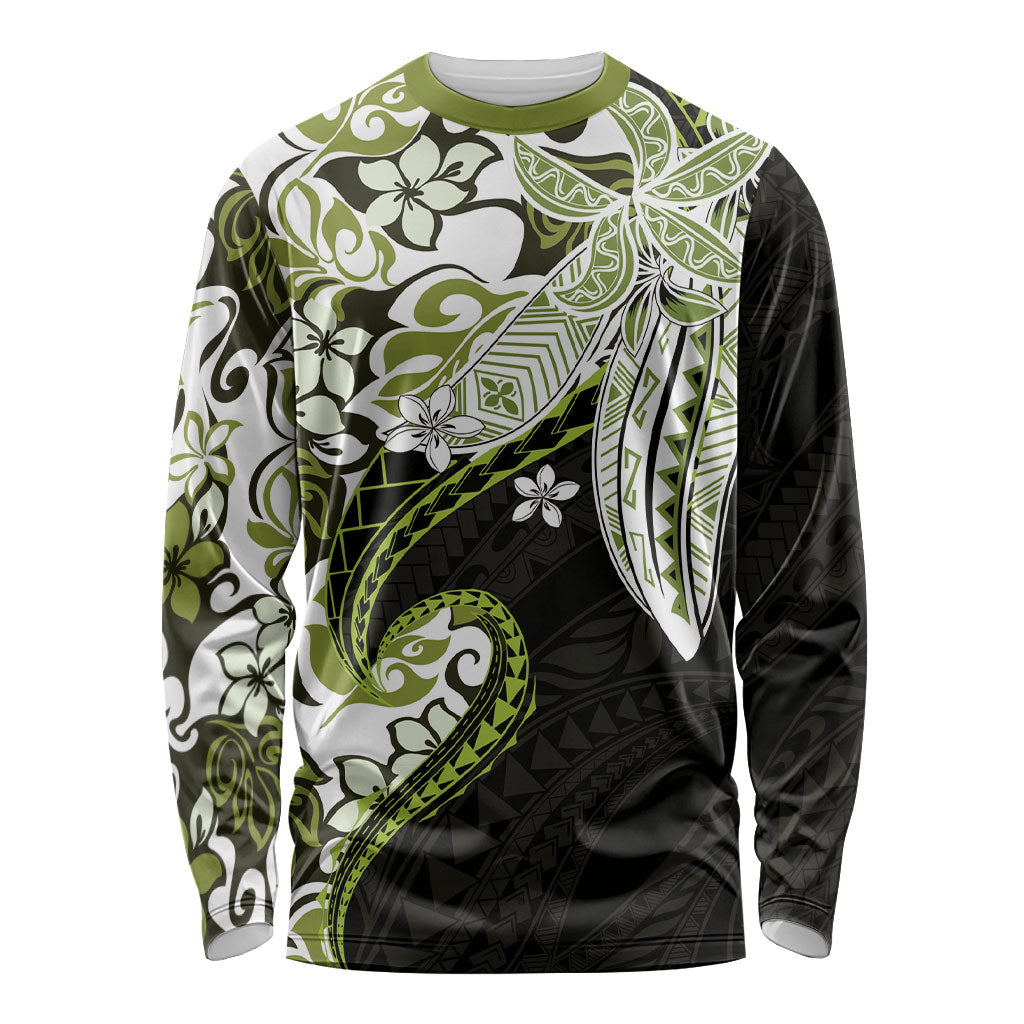 Monstera Plumeria Flowers Olive Green Long Sleeve Shirt Polynesian Pattern LT01 Unisex Green - Polynesian Pride