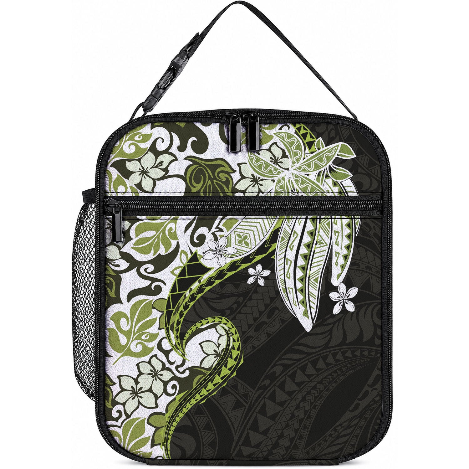 Monstera Plumeria Flowers Olive Green Lunch Bag Polynesian Pattern