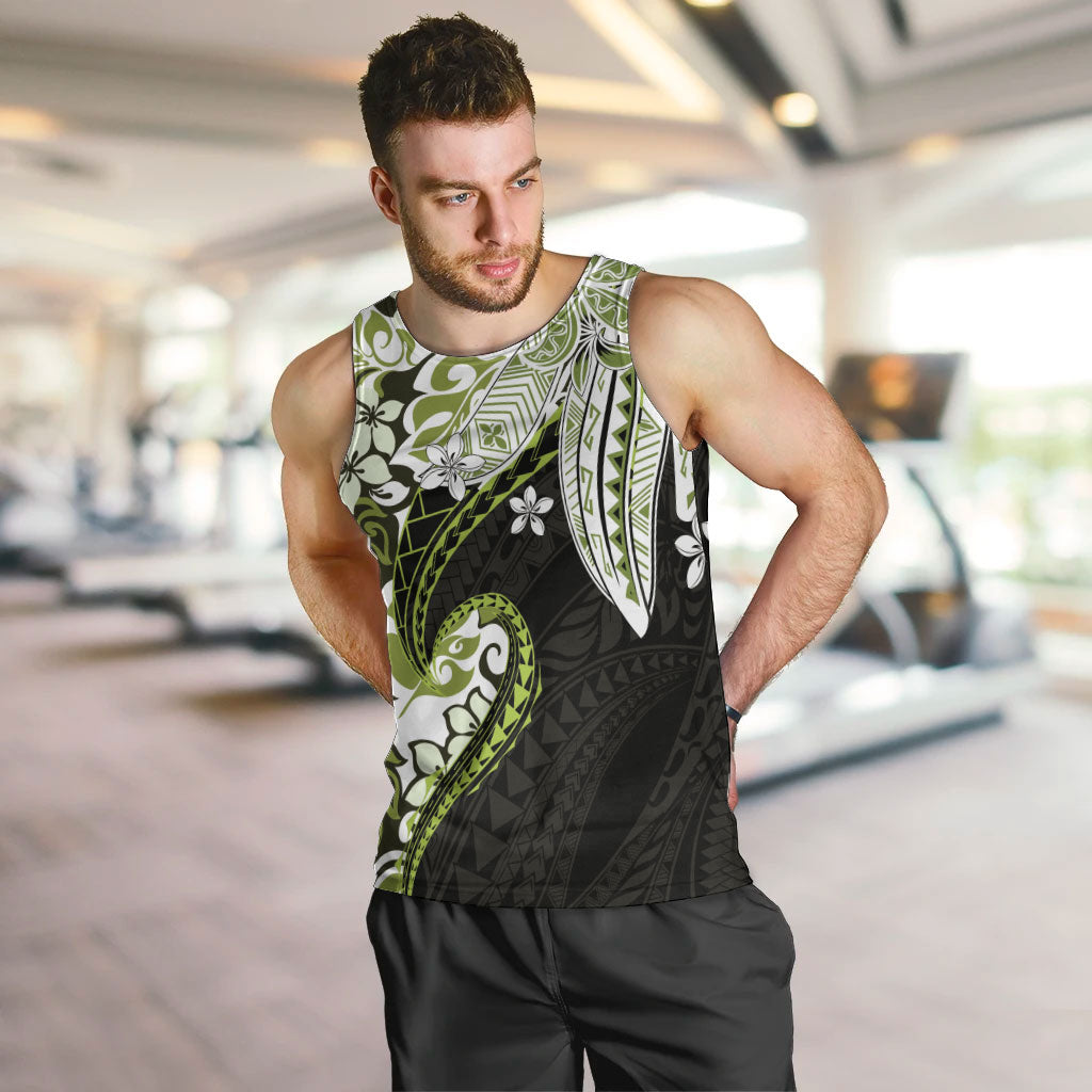 Monstera Plumeria Flowers Olive Green Men Tank Top Polynesian Pattern