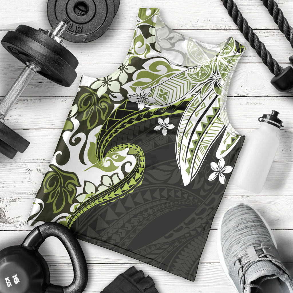 Monstera Plumeria Flowers Olive Green Men Tank Top Polynesian Pattern