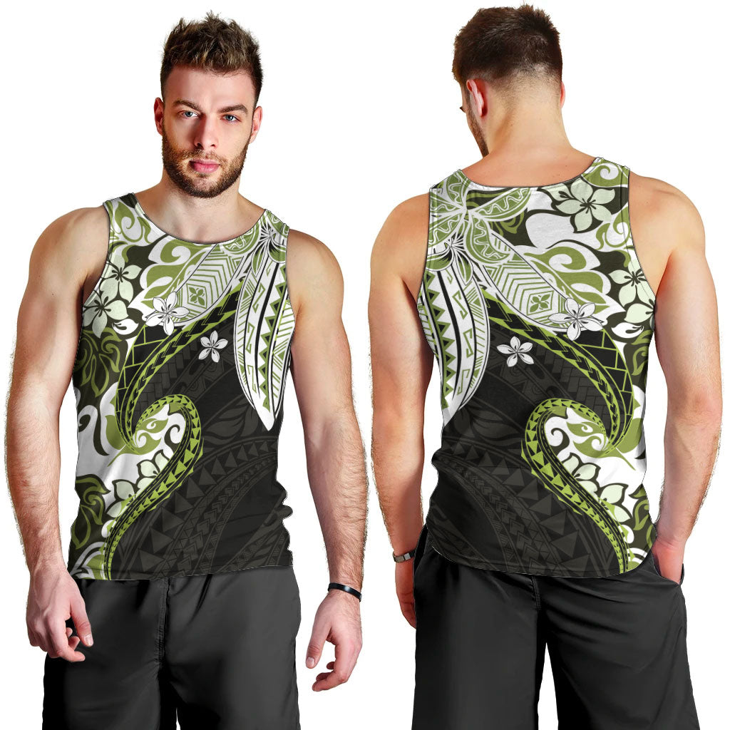 Monstera Plumeria Flowers Olive Green Men Tank Top Polynesian Pattern