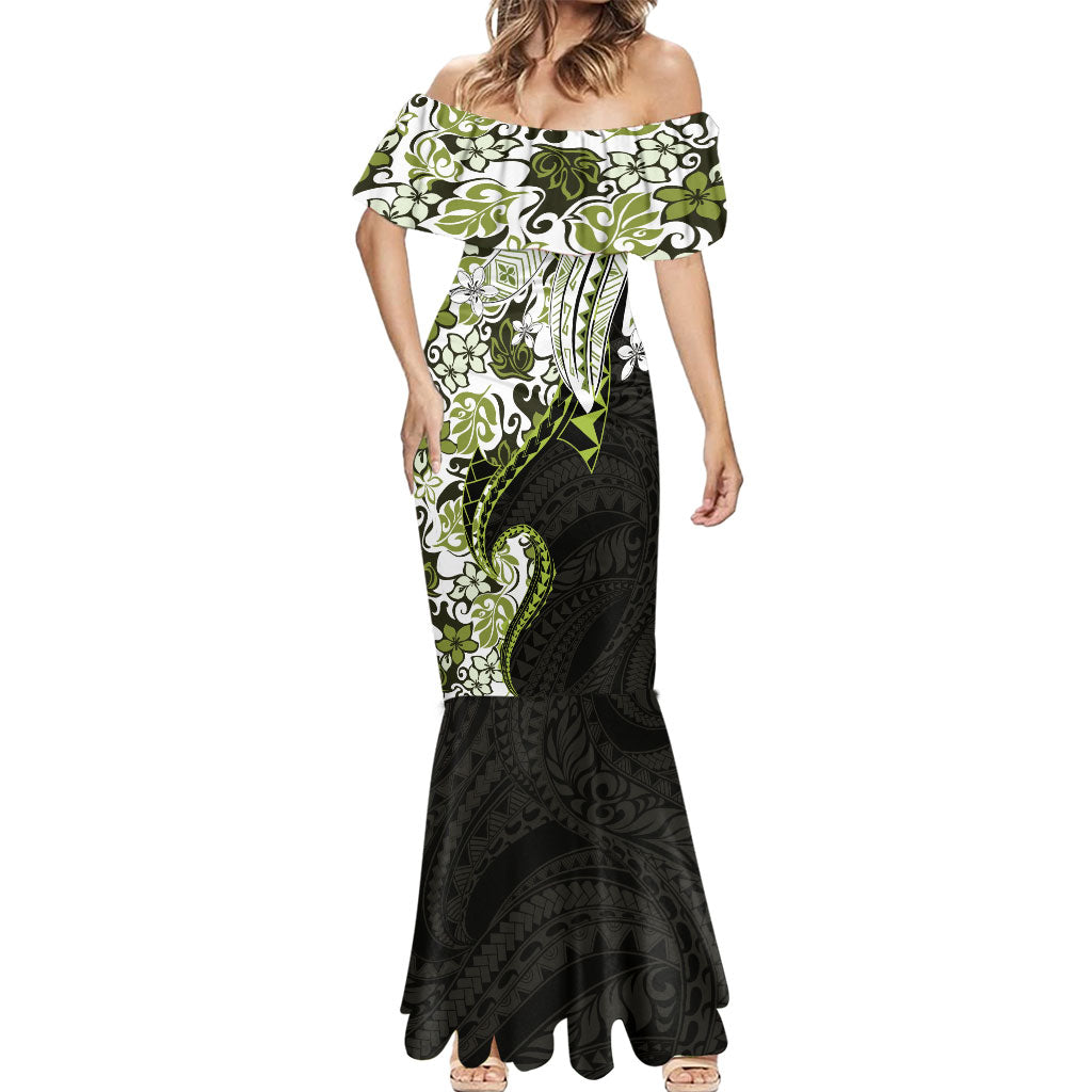 Monstera Plumeria Flowers Olive Green Mermaid Dress Polynesian Pattern LT01 - Polynesian Pride