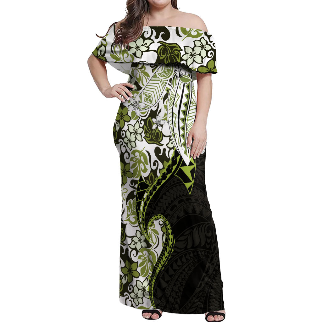 Monstera Plumeria Flowers Olive Green Off Shoulder Maxi Dress Polynesian Pattern LT01 Women Green - Polynesian Pride