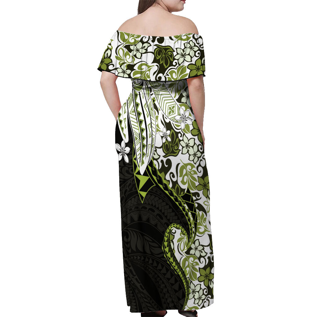 Monstera Plumeria Flowers Olive Green Off Shoulder Maxi Dress Polynesian Pattern LT01 - Polynesian Pride